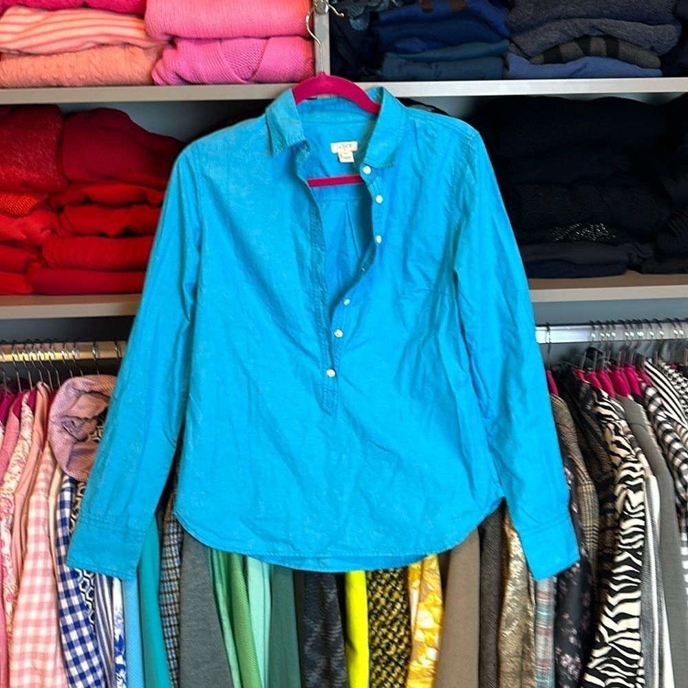 J Crew turquoise long sleeve button popover top size XS​